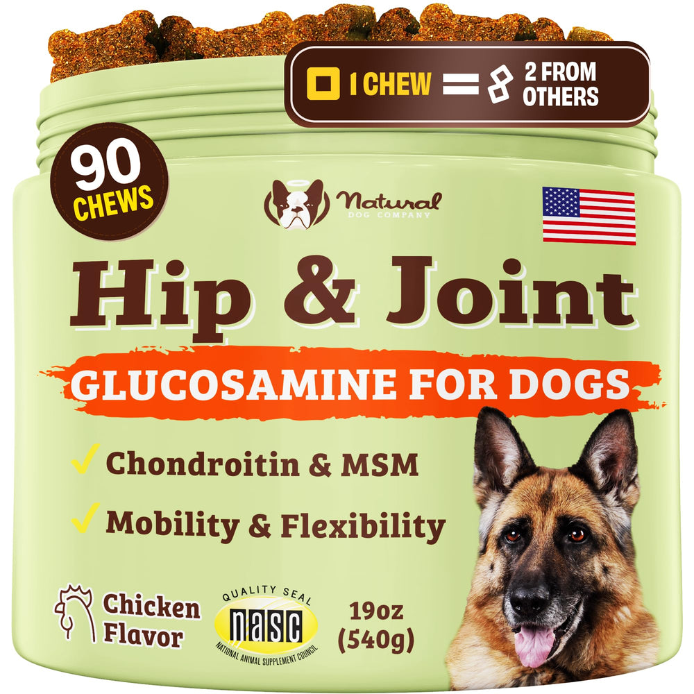 Natural Dog Company hip joint supplement bottle supports mobility and comfort.