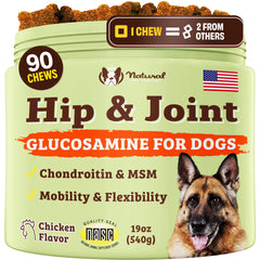 Natural Dog Company hip joint supplement bottle supports mobility and comfort.