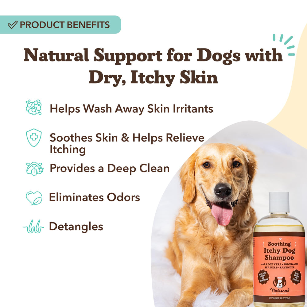 Natural Dog Company Itchy Dog Shampoo bottle-closeup highlights gentle cleansing for all breeds.