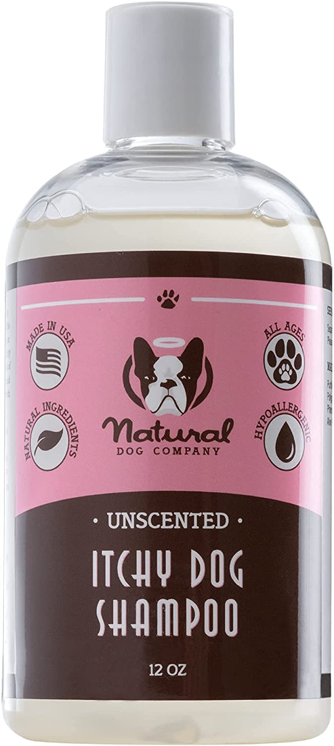 Natural Dog Company Itchy Dog Shampoo on floor evokes calm, fragrance-free rinse after bath.
