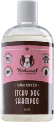 Natural Dog Company Itchy Dog Shampoo on floor evokes calm, fragrance-free rinse after bath.