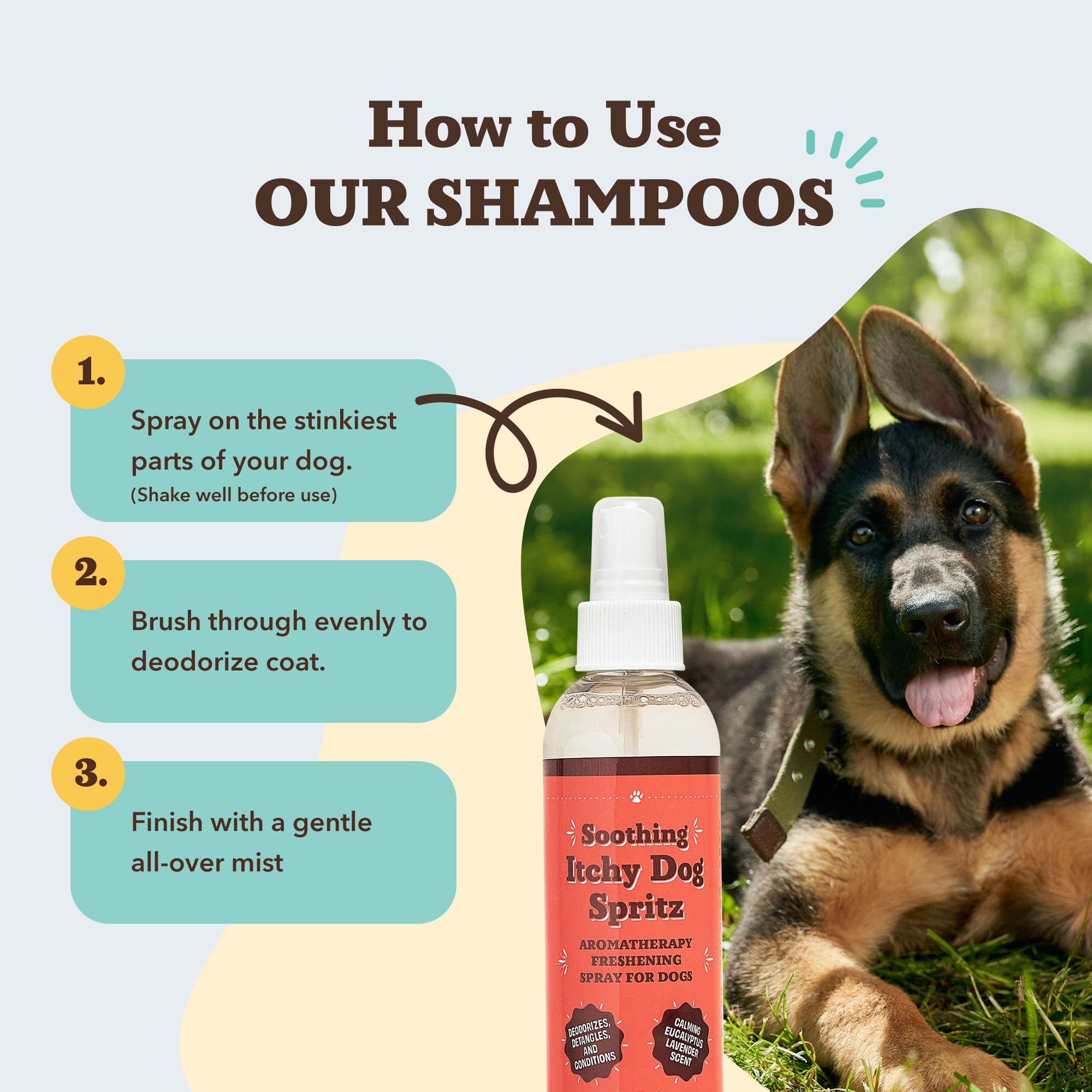 Itchy Dog Spritz ingredients aloe and lavender highlighted for soothing skin