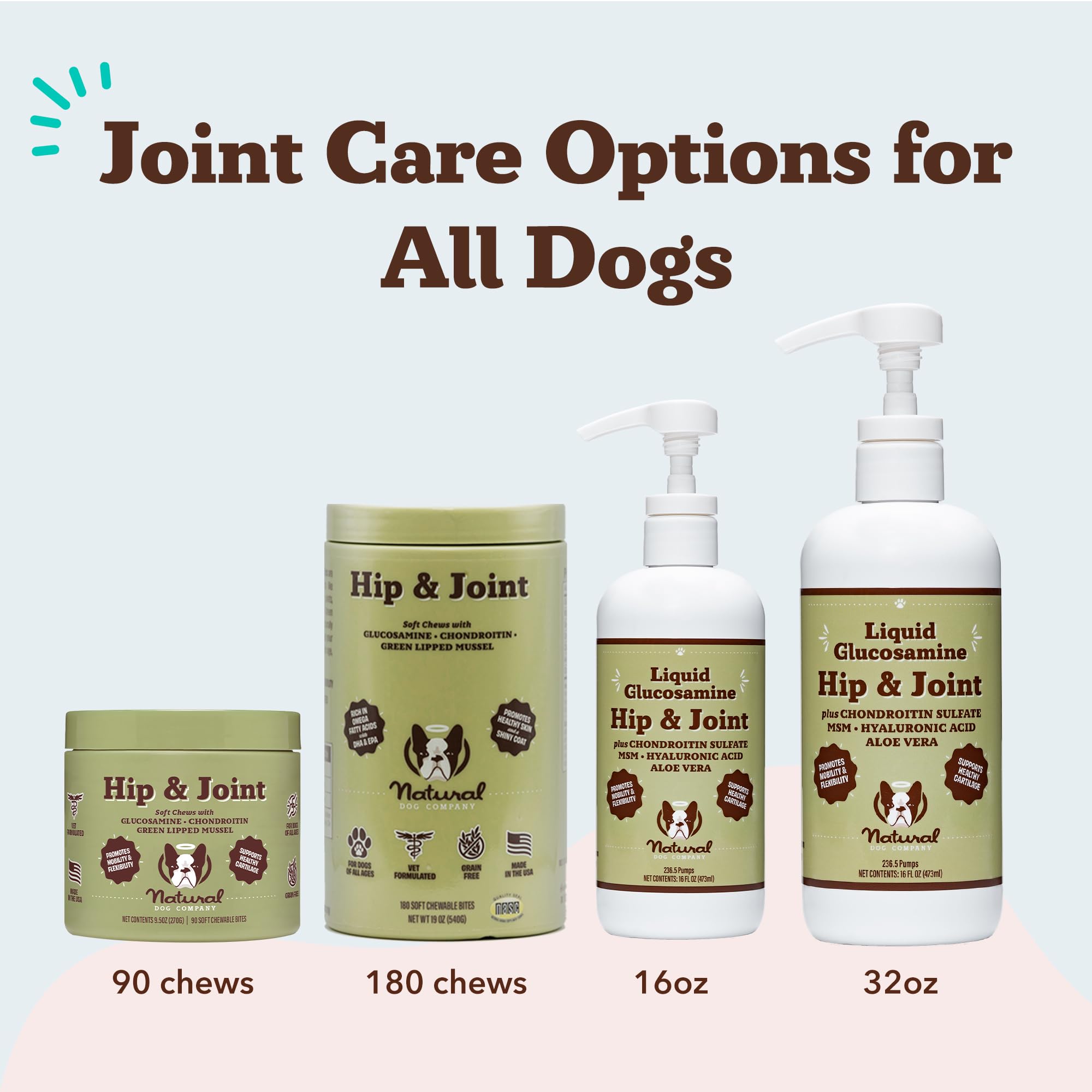 Natural Dog Company Liquid Glucosamine bottle beside dog during walk hints at mobility support.