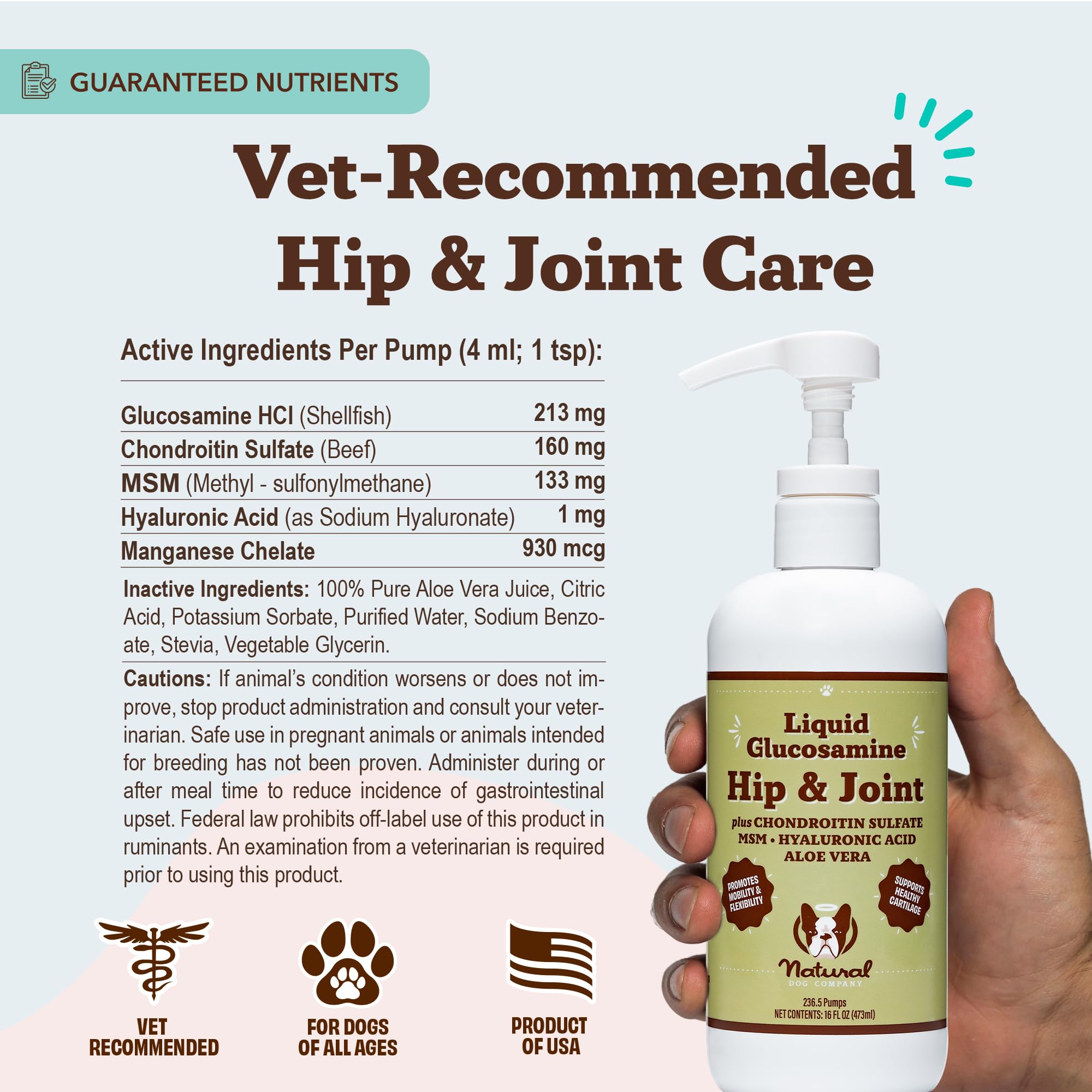 Natural Dog Company Liquid Glucosamine bottle label closeup highlights quality ingredients.