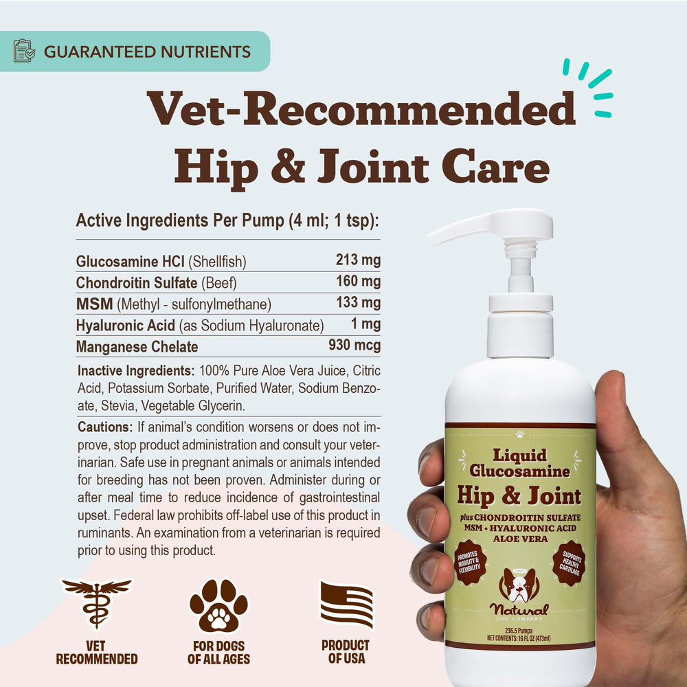 Natural Dog Company Liquid Glucosamine bottle label closeup highlights quality ingredients.