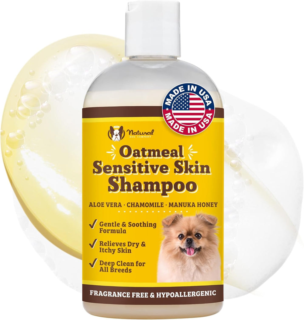 Natural Dog Company Oatmeal Shampoo ingredients highlight soothing oats and aloe for sensitive skin relief.