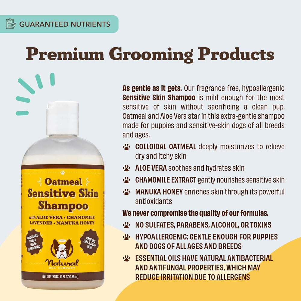 Natural Dog Company Oatmeal Shampoo packaging indicating recyclable materials.