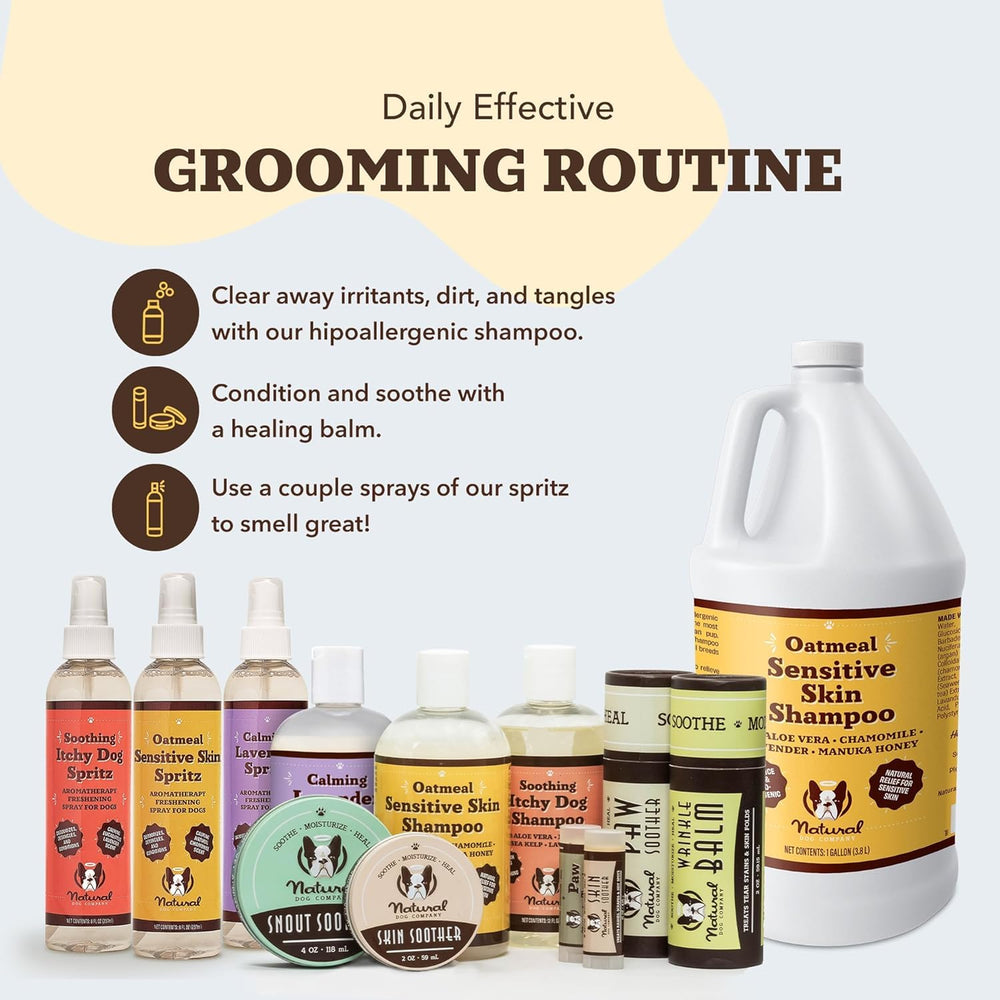 Natural Dog Company Oatmeal Shampoo shown for puppy use and gentle grooming.