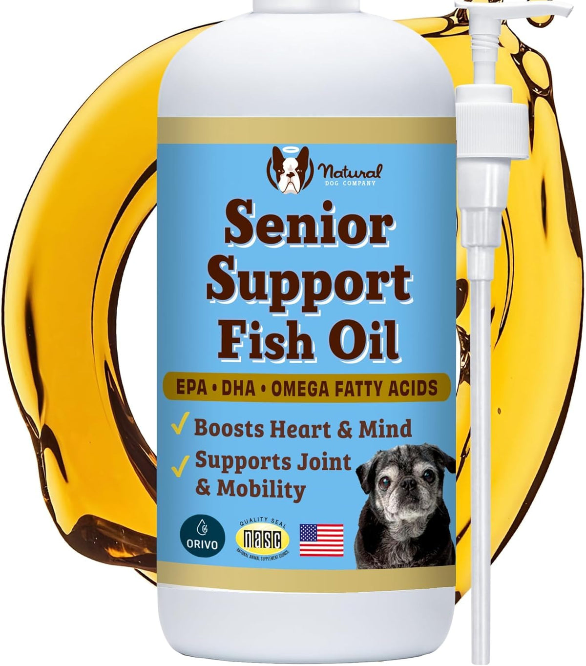 Natural Dog Company Omega-3 fish oil bottle pour supports joint comfort.