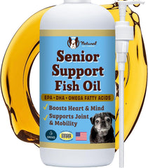 Natural Dog Company Omega-3 fish oil bottle pour supports joint comfort.