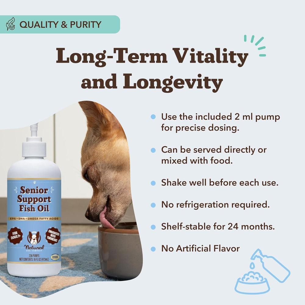 Natural Dog Company Omega-3 fish oil liquid with dropper ready for meals.