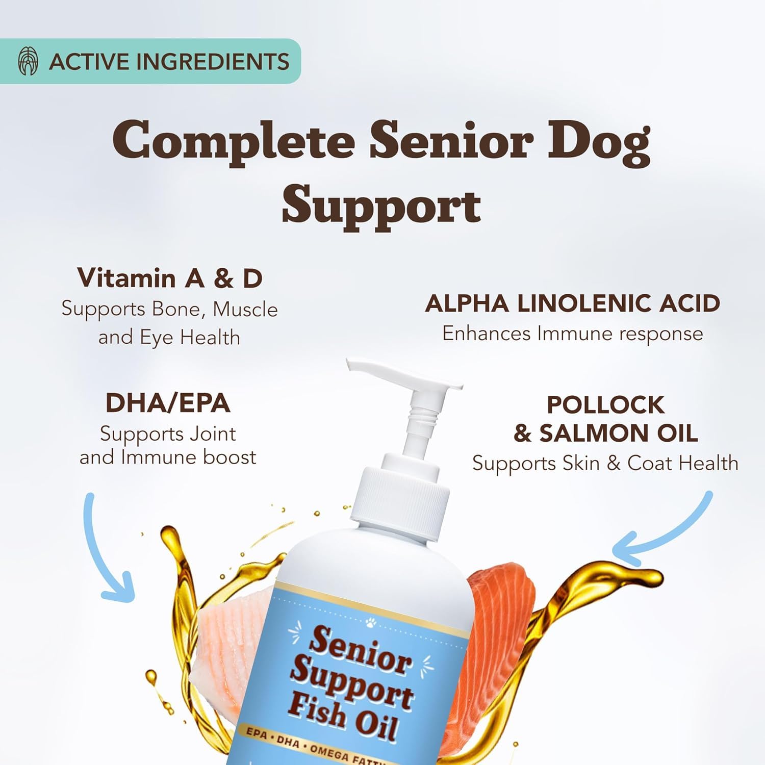 Natural Dog Company Omega-3 fish oil senior dog in kitchen demonstrates daily use.
