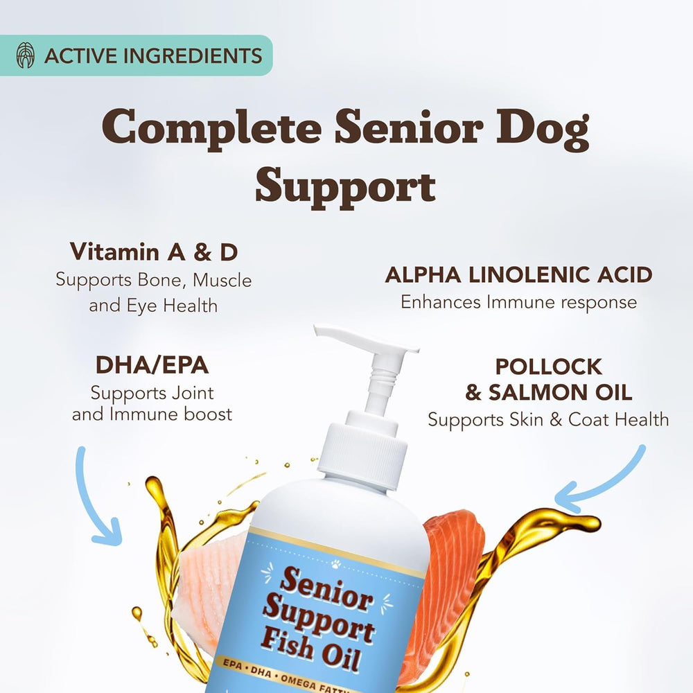 Natural Dog Company Omega-3 fish oil senior dog in kitchen demonstrates daily use.