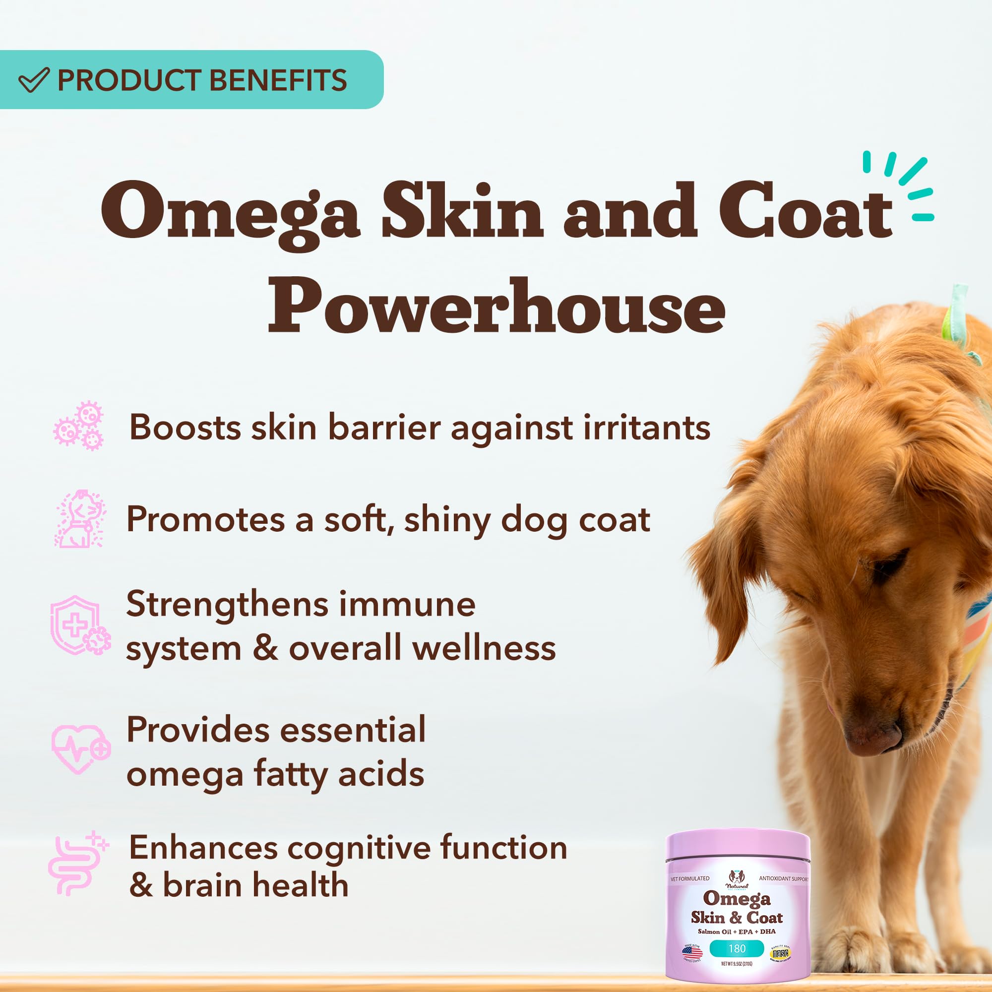 Natural Dog Company Omega Chews bottle close-up showing convenient daily dosing.