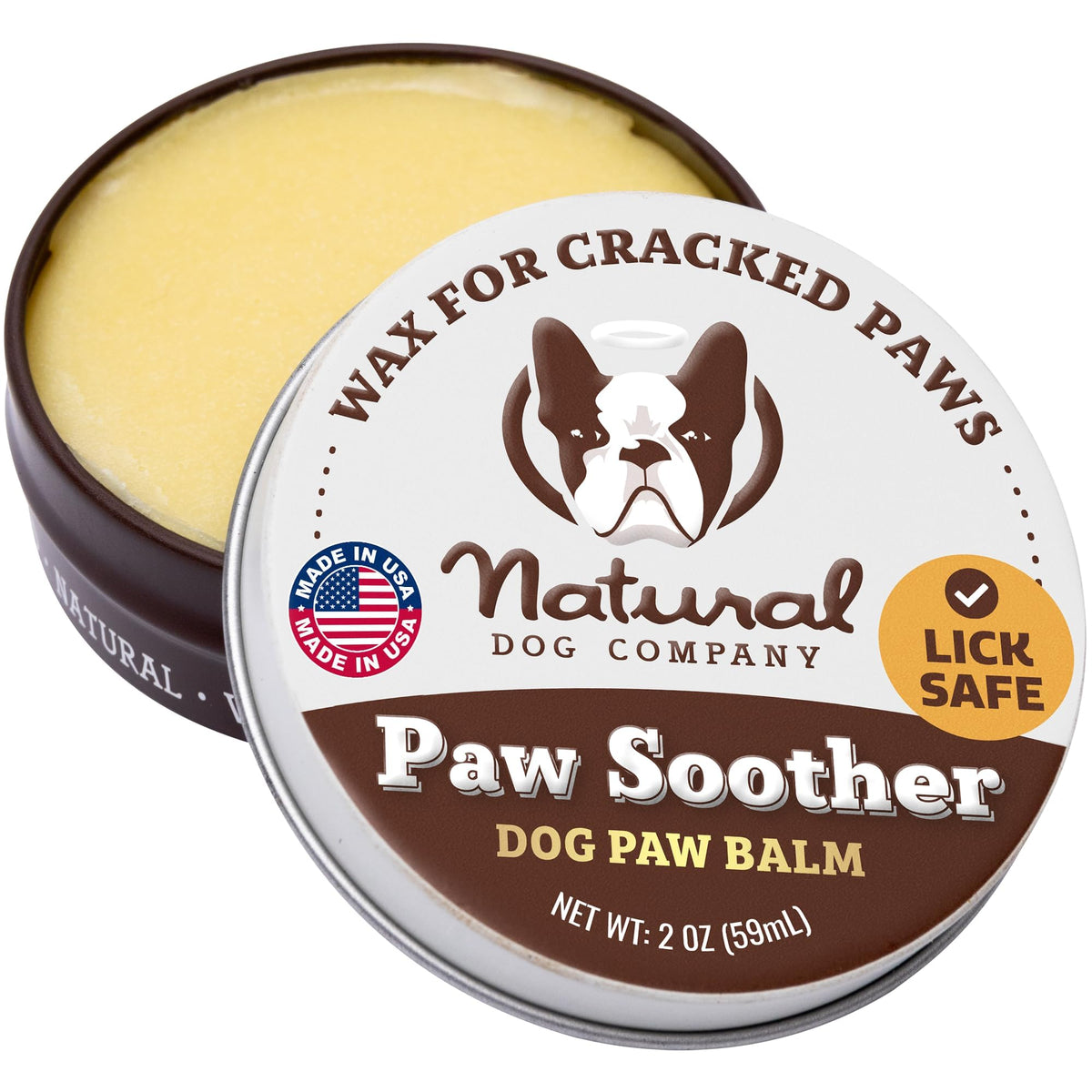 Natural Dog Company Paw Soother tin close-up showing rich balm for dry pads