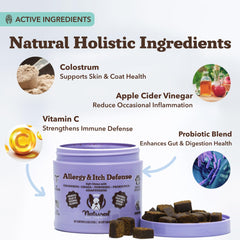 Natural Dog Company probiotics-colostrum-salmon-oil-ingredients illustrate gut health and skin support