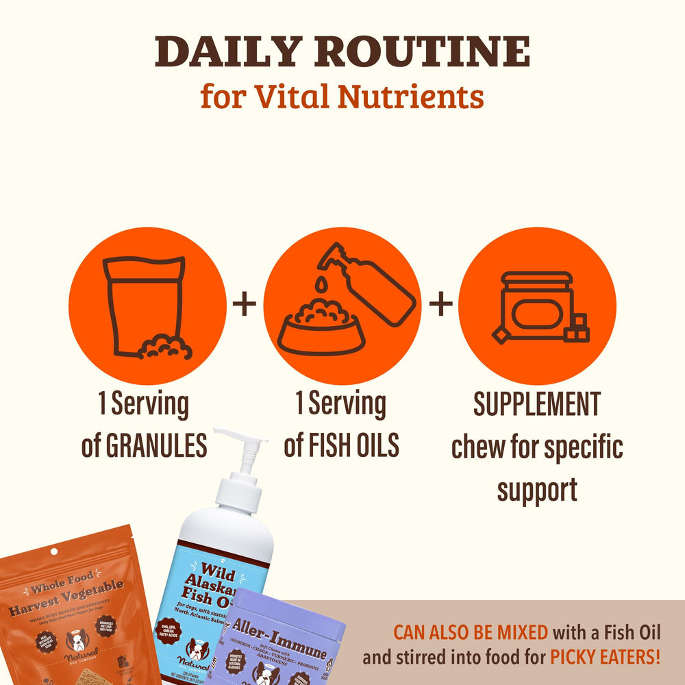 Natural Dog Company Pumpkin Digestive Granules sprinkled over wet food for flavor boost.