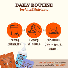 Natural Dog Company Pumpkin Digestive Granules sprinkled over wet food for flavor boost.