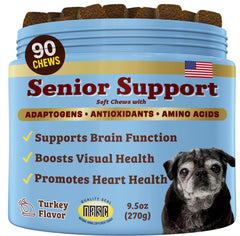 Natural Dog Company senior brain vitamin chew bottle supports cognitive focus for aging dogs.