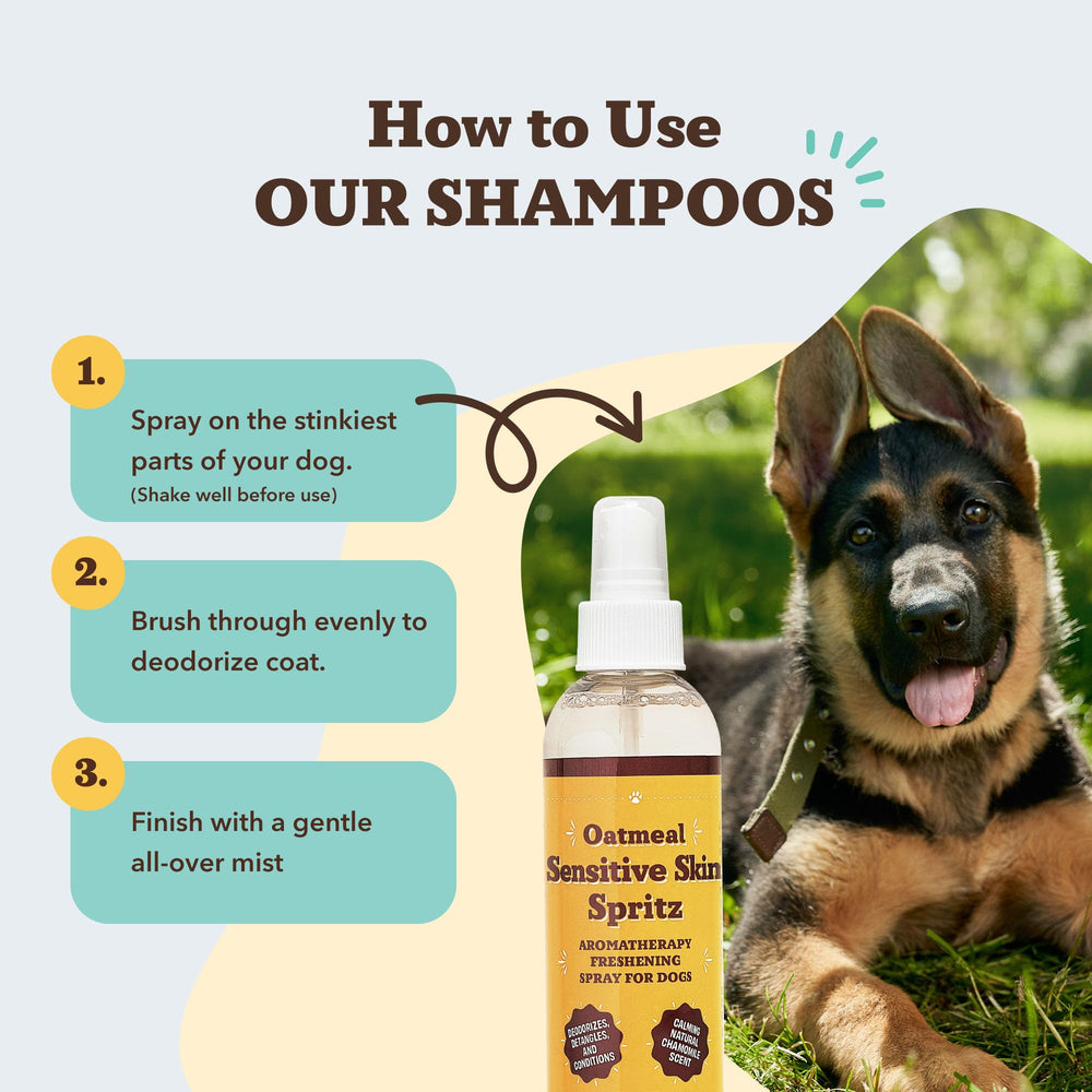 Natural Dog Company spray ingredients panel highlights aloe, oatmeal, and chamomile for soothing care.