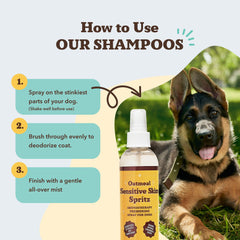 Natural Dog Company spray ingredients panel highlights aloe, oatmeal, and chamomile for soothing care.