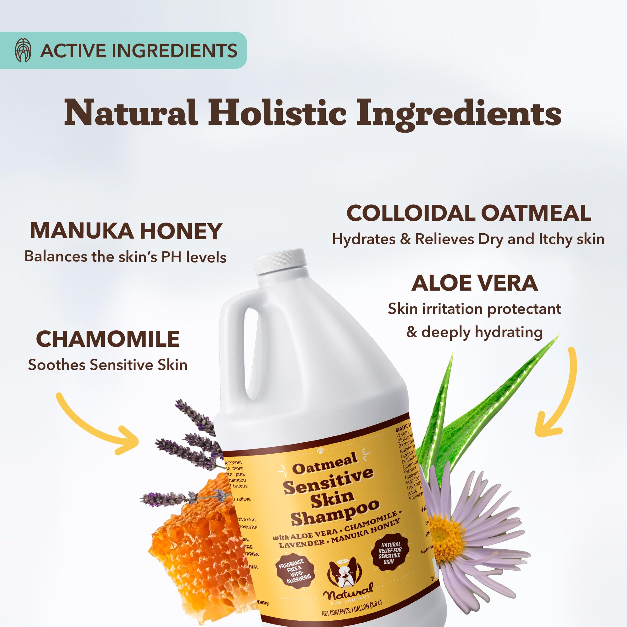 Natural Dog Company bottle highlighting aloe and chamomile ingredients