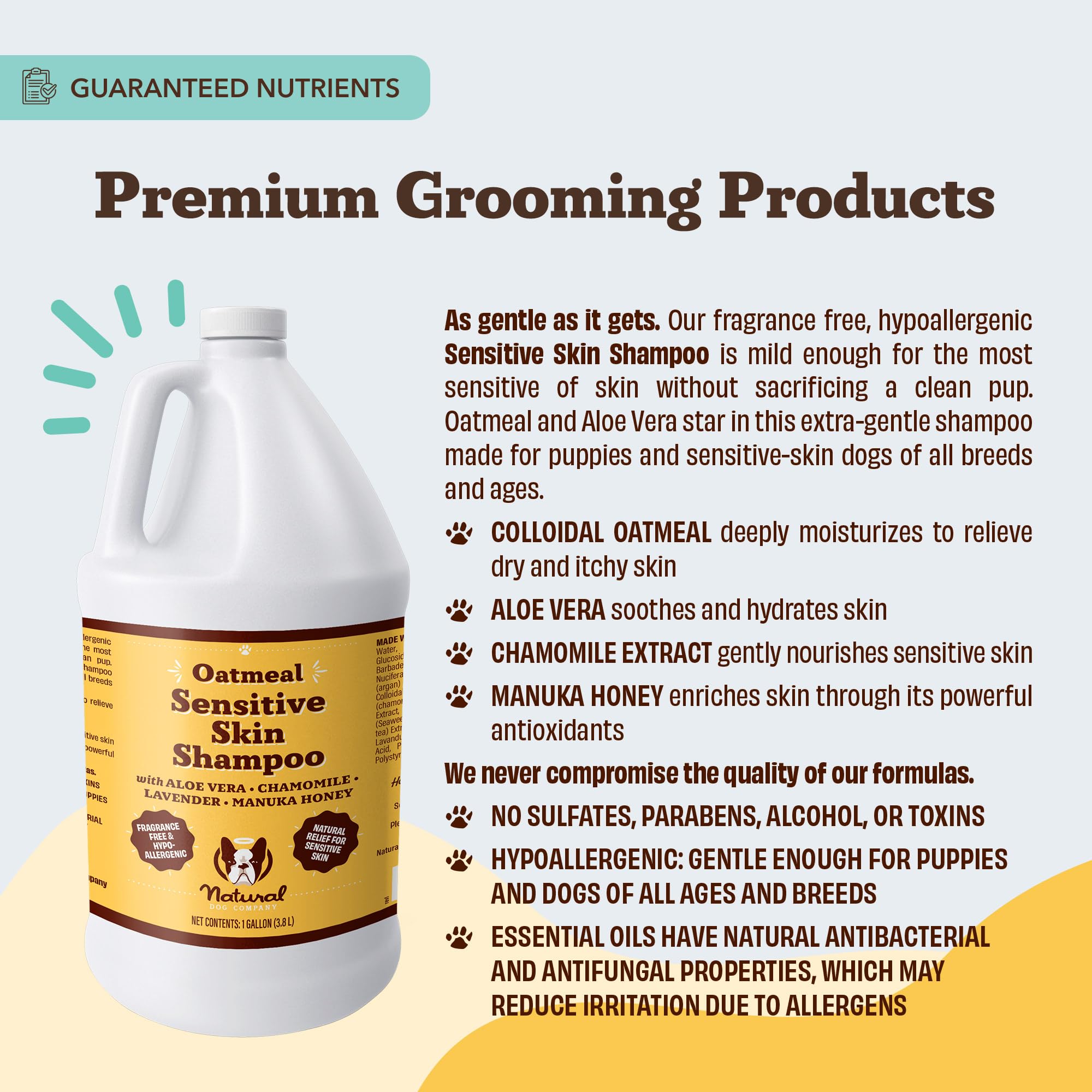 Natural Dog Company bottle demonstrating safe, gentle care for all ages
