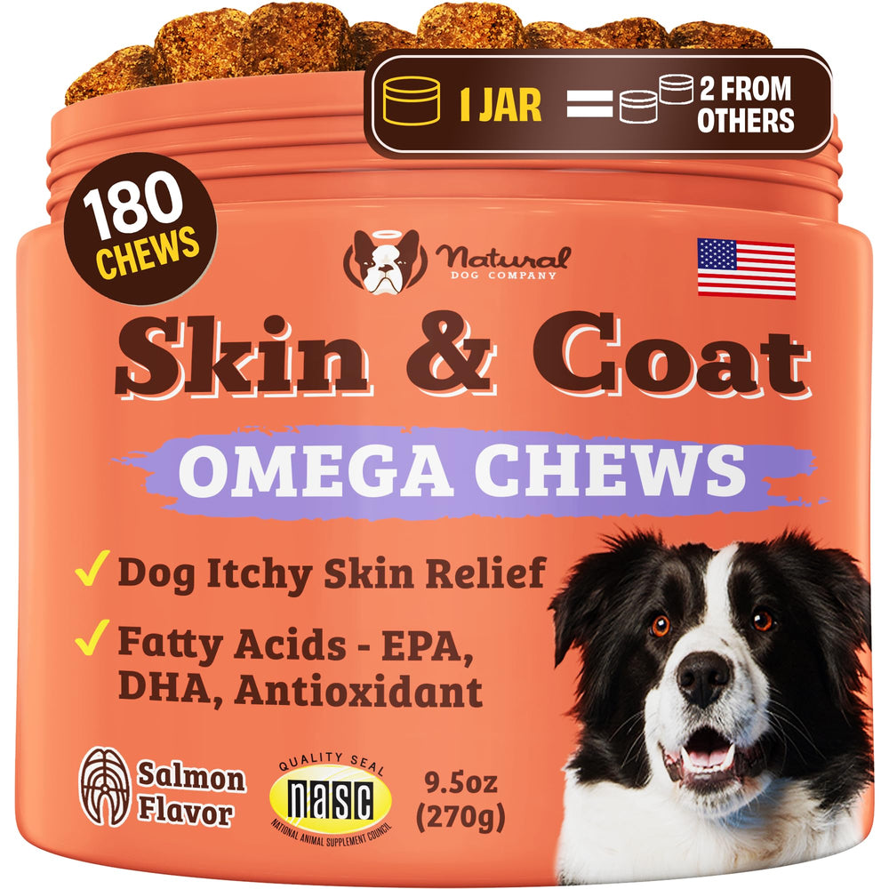 Natural Dog Company skin & coat supplement bottle shows omega-3 blend for a glossy coat