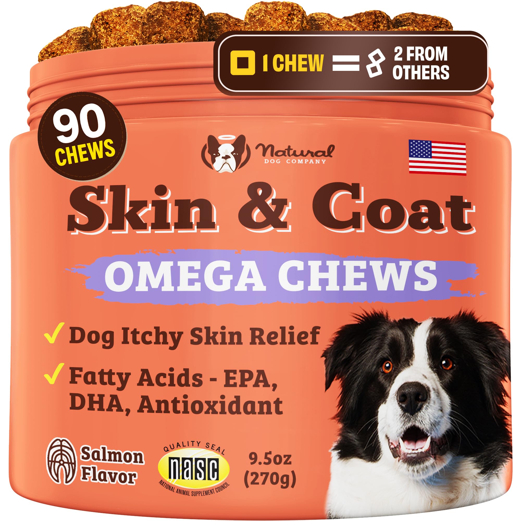 Natural Dog Company Skin & Coat supplement bottle with salmon oil for a glossy coat