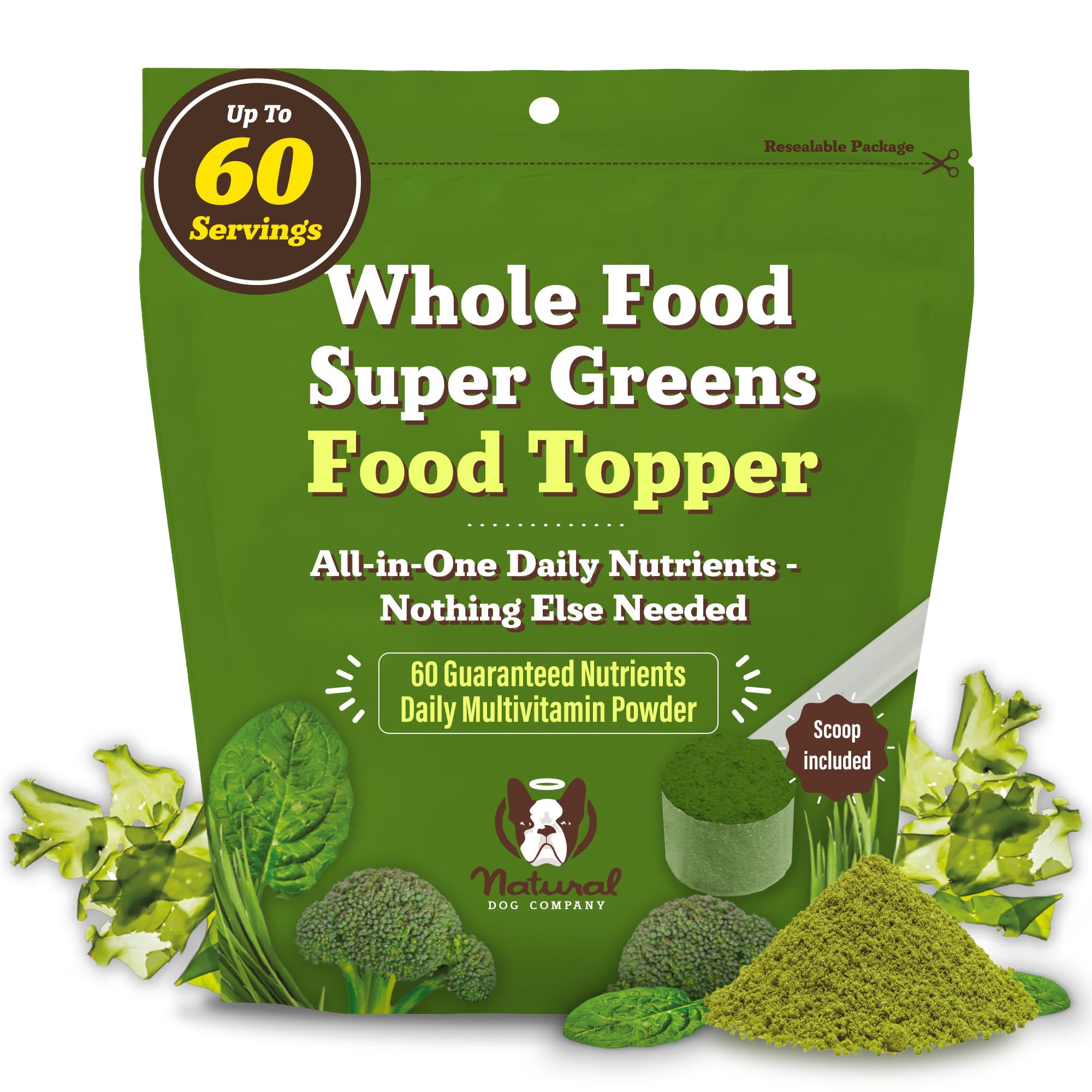 Natural Dog Company Super Greens packaging closeup shows clean ingredients and recyclable packaging.
