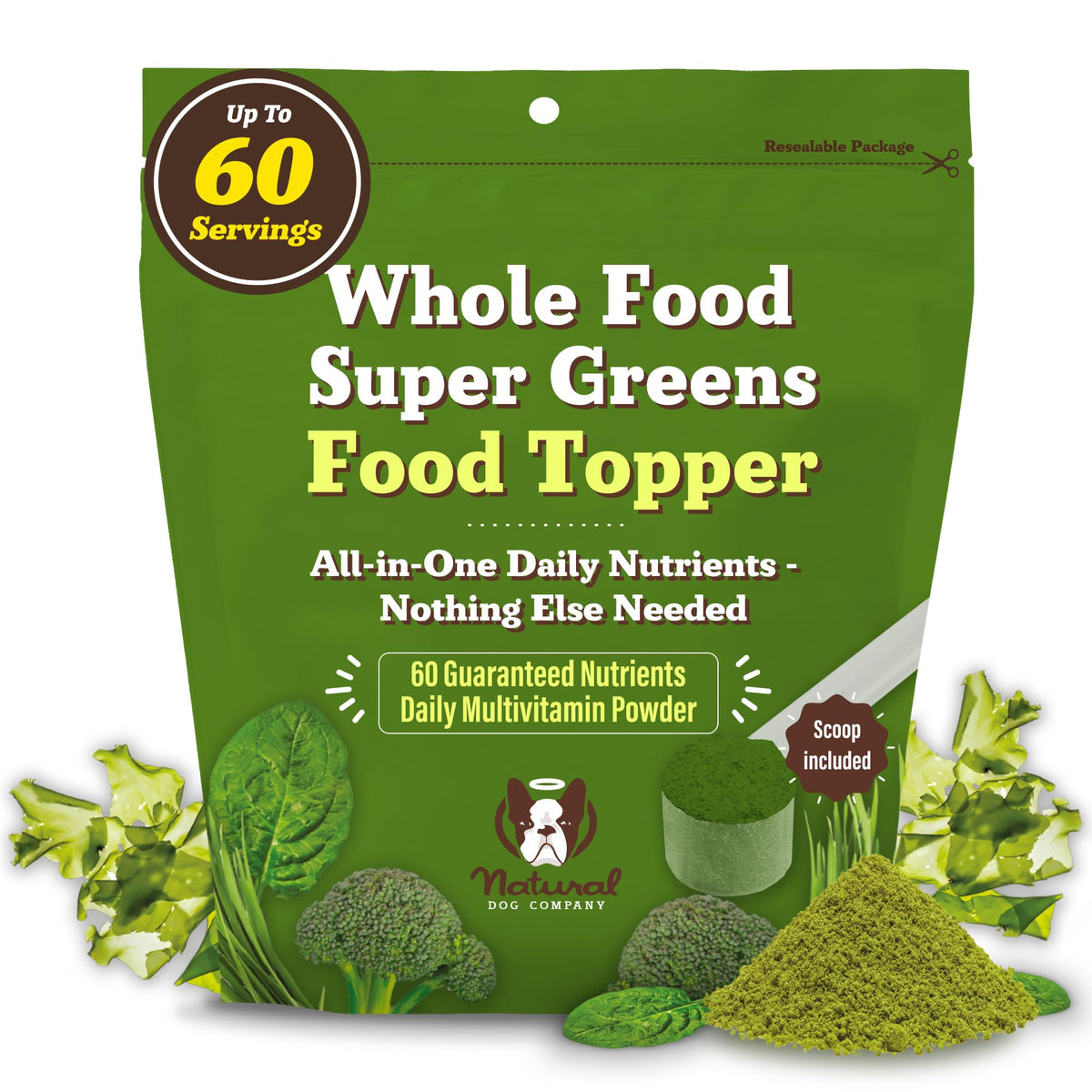 Natural Dog Company Super Greens packaging closeup shows clean ingredients and recyclable packaging.