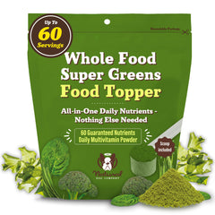 Natural Dog Company Super Greens packaging closeup shows clean ingredients and recyclable packaging.