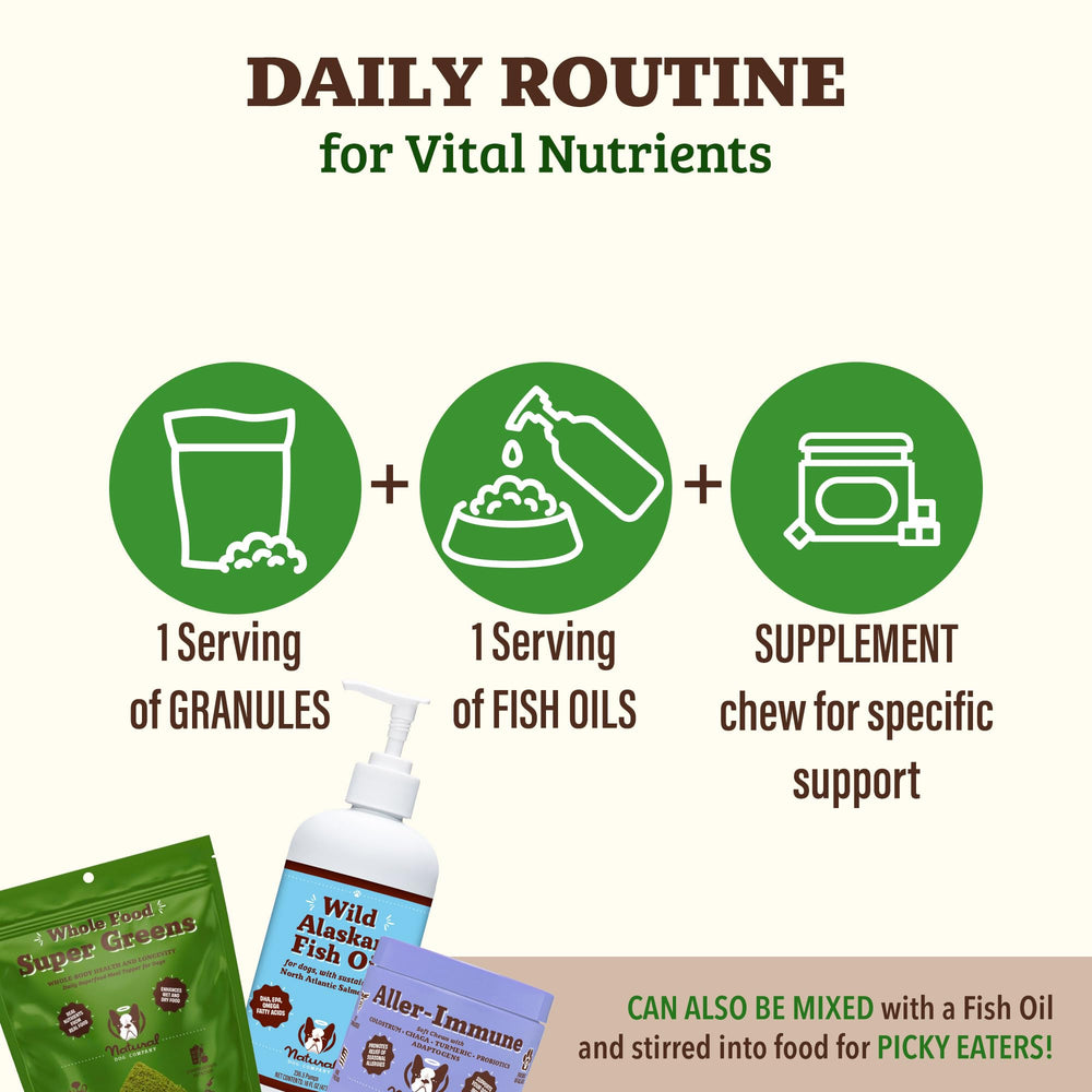 Natural Dog Company Super Greens puppy bowl scene suggests daily wellness across life stages.