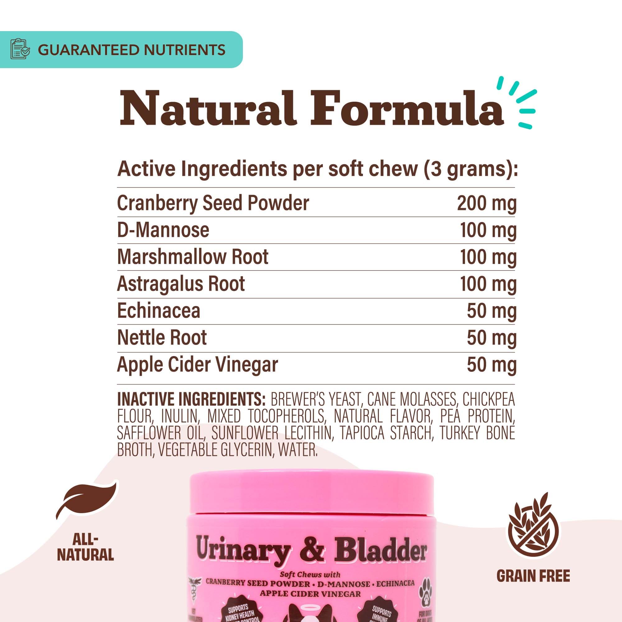 Natural Dog Company urinary bladder soft chews astragalus root detail signals herbal ingredients.