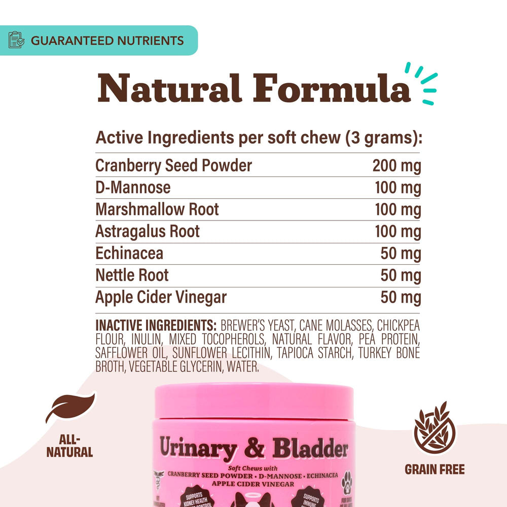 Natural Dog Company urinary bladder soft chews astragalus root detail signals herbal ingredients.
