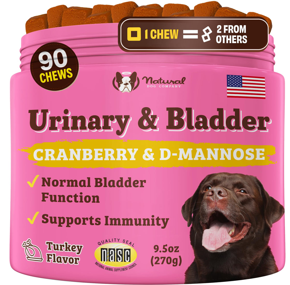 Natural Dog Company urinary bladder soft chews bottle supports daily canine urinary health.
