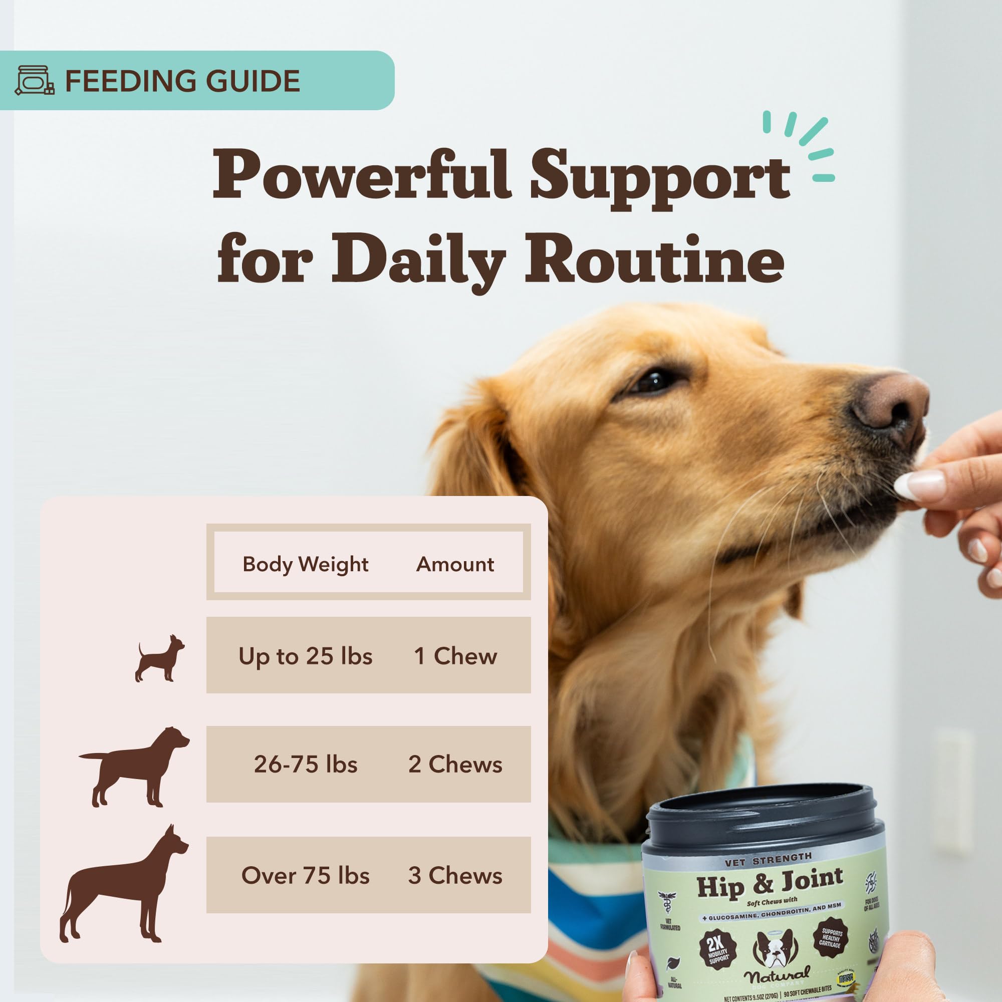 Natural Dog Company Vet Strength chews daily-use dosing scene promoting daily mobility.