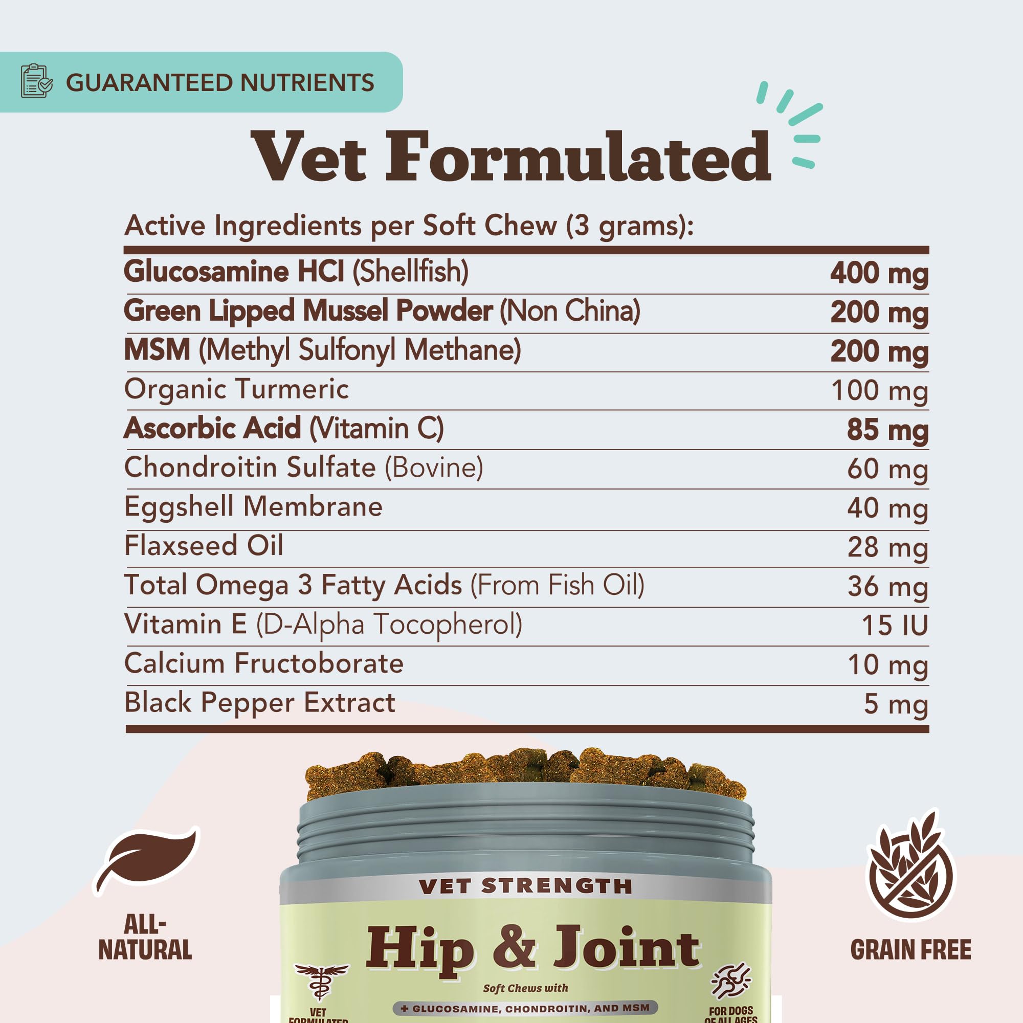 Natural Dog Company Vet Strength chews made in USA highlight quality joint support.