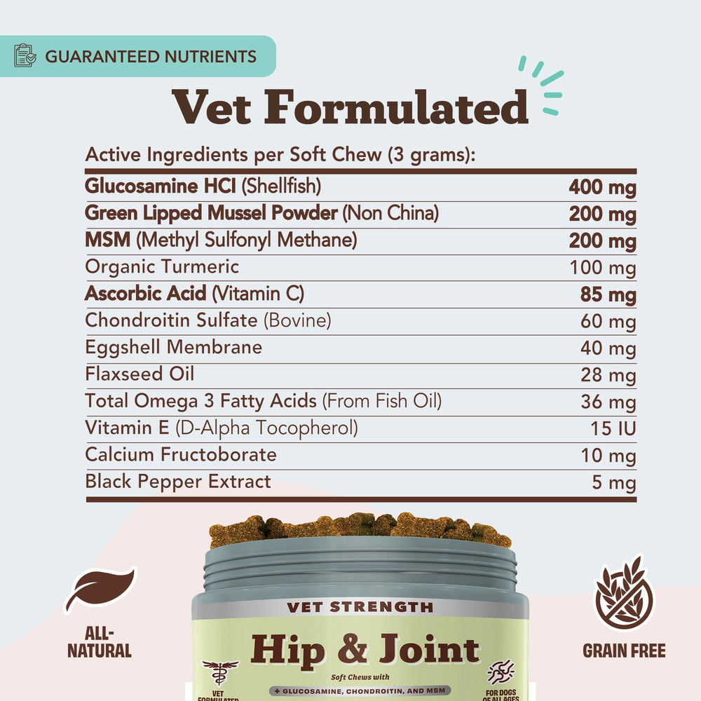 Natural Dog Company Vet Strength chews made in USA highlight quality joint support.