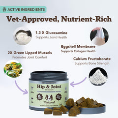 Natural Dog Company Vet Strength chews shown with a senior dog on the move.