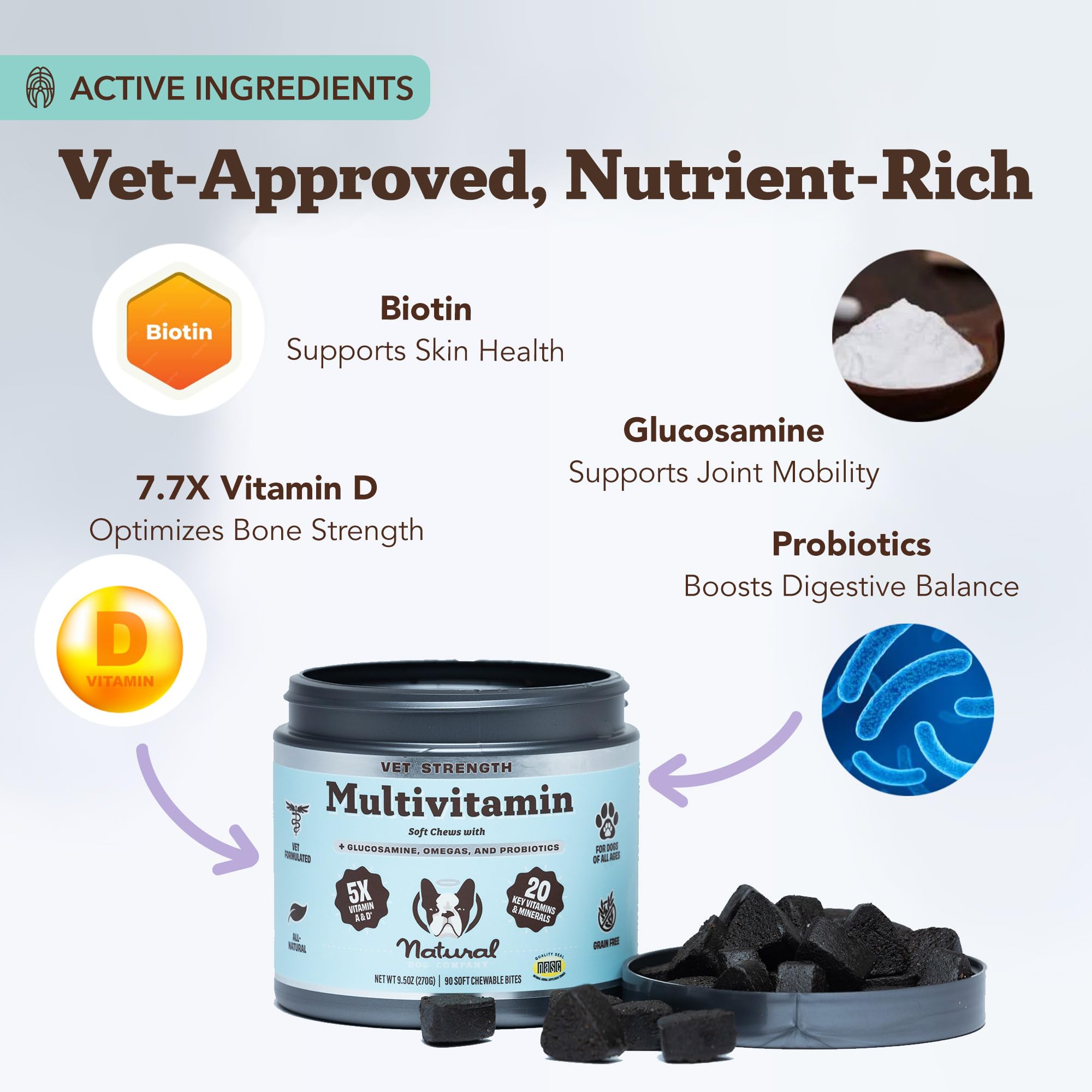 Closeup of Natural Dog Company Vet Strength chews to highlight easy daily dosing