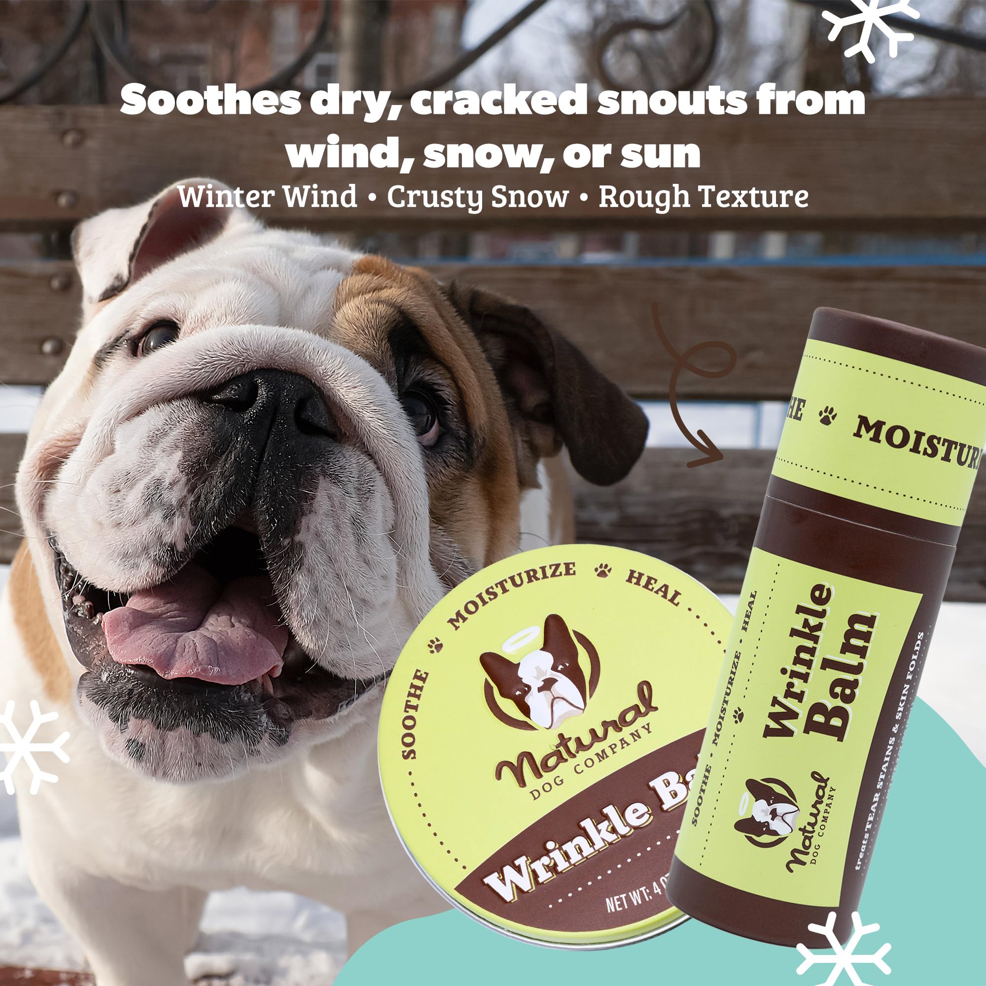 Natural Dog Company wrinkle balm-tube-dispense highlighting convenient lick-safe formula for daily care