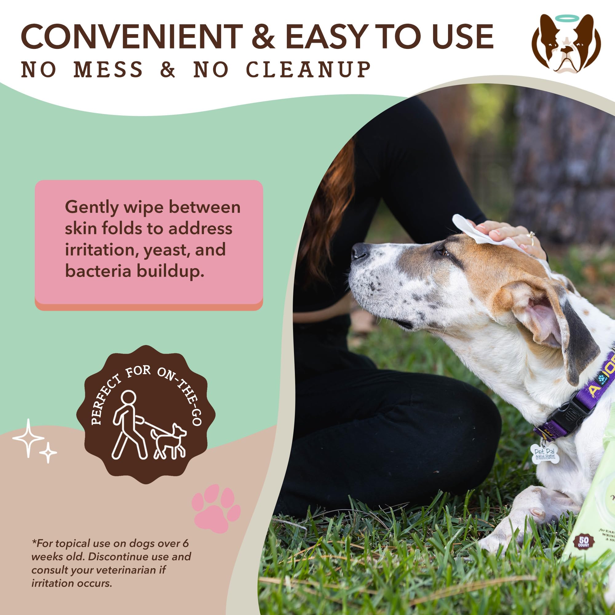Natural Dog Company XL grooming wipes paws-cleaning image demonstrates convenient on-the-go refresh for active dogs