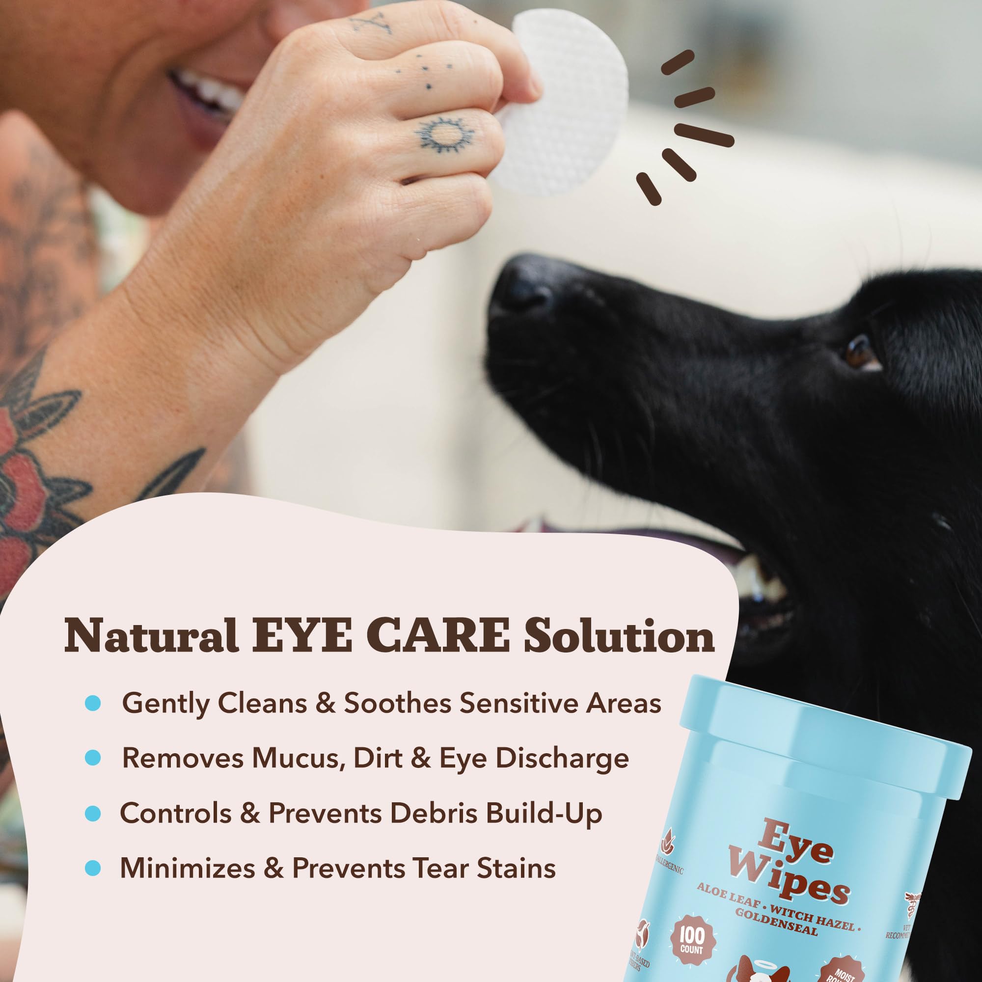 Natural Dog Eye Wipes packaging highlights eco-friendly materials