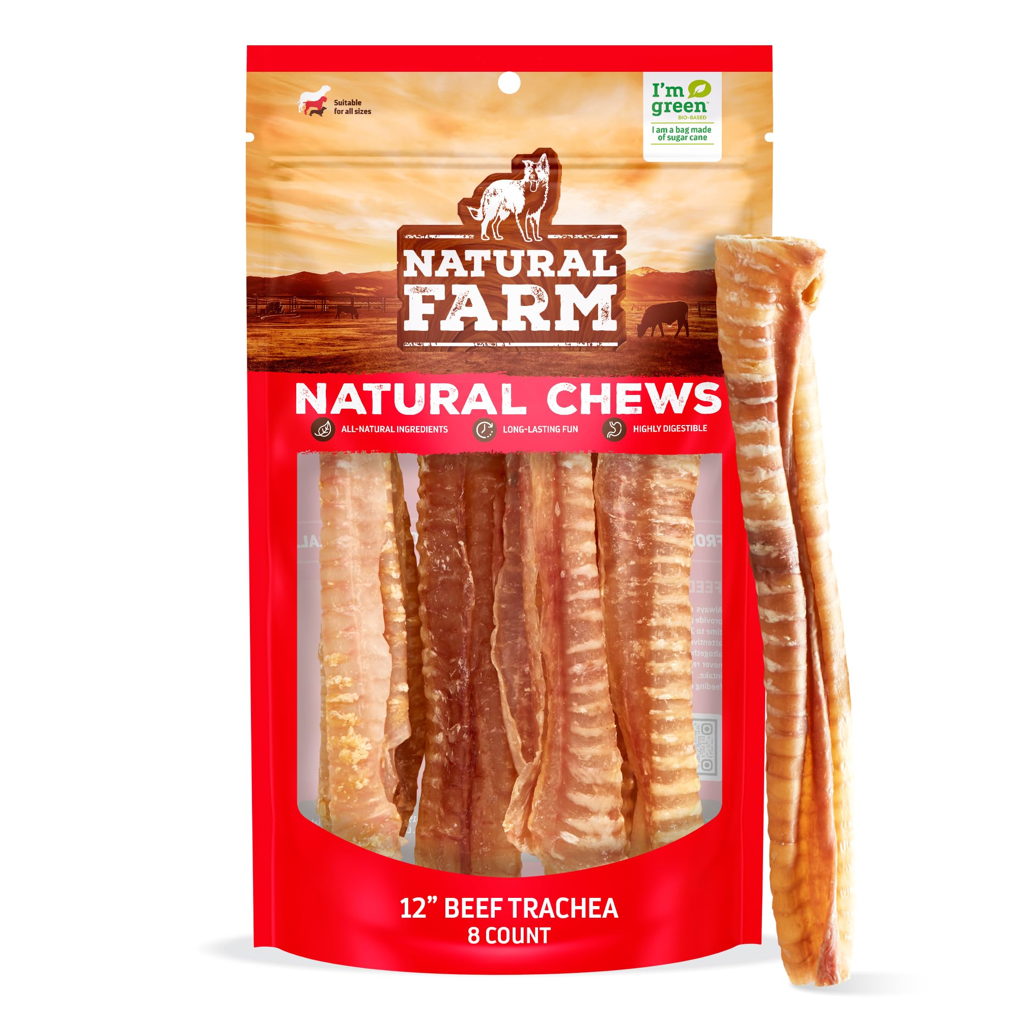Natural Farm Beef Trachea 12-inch packaging — convenient eight-pack for dog rewards.