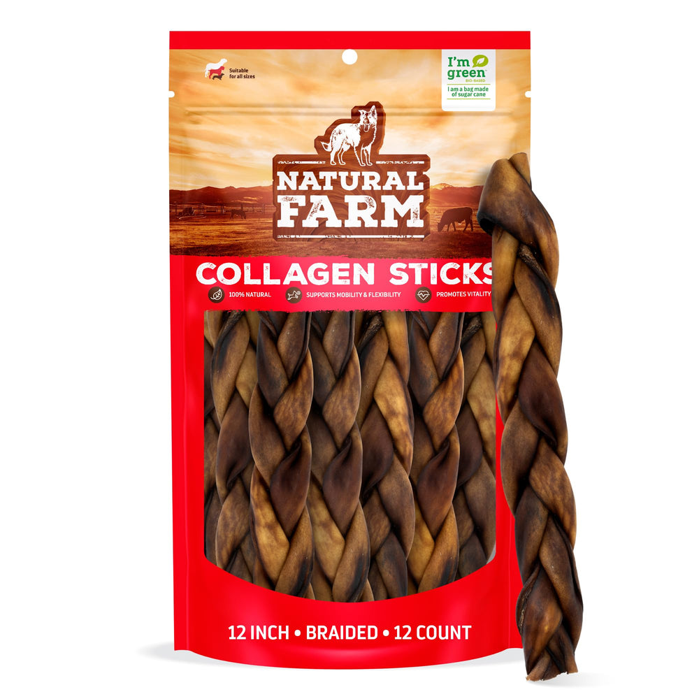 Natural Farm braided collagen sticks packaging—odor-free dog chews for all sizes