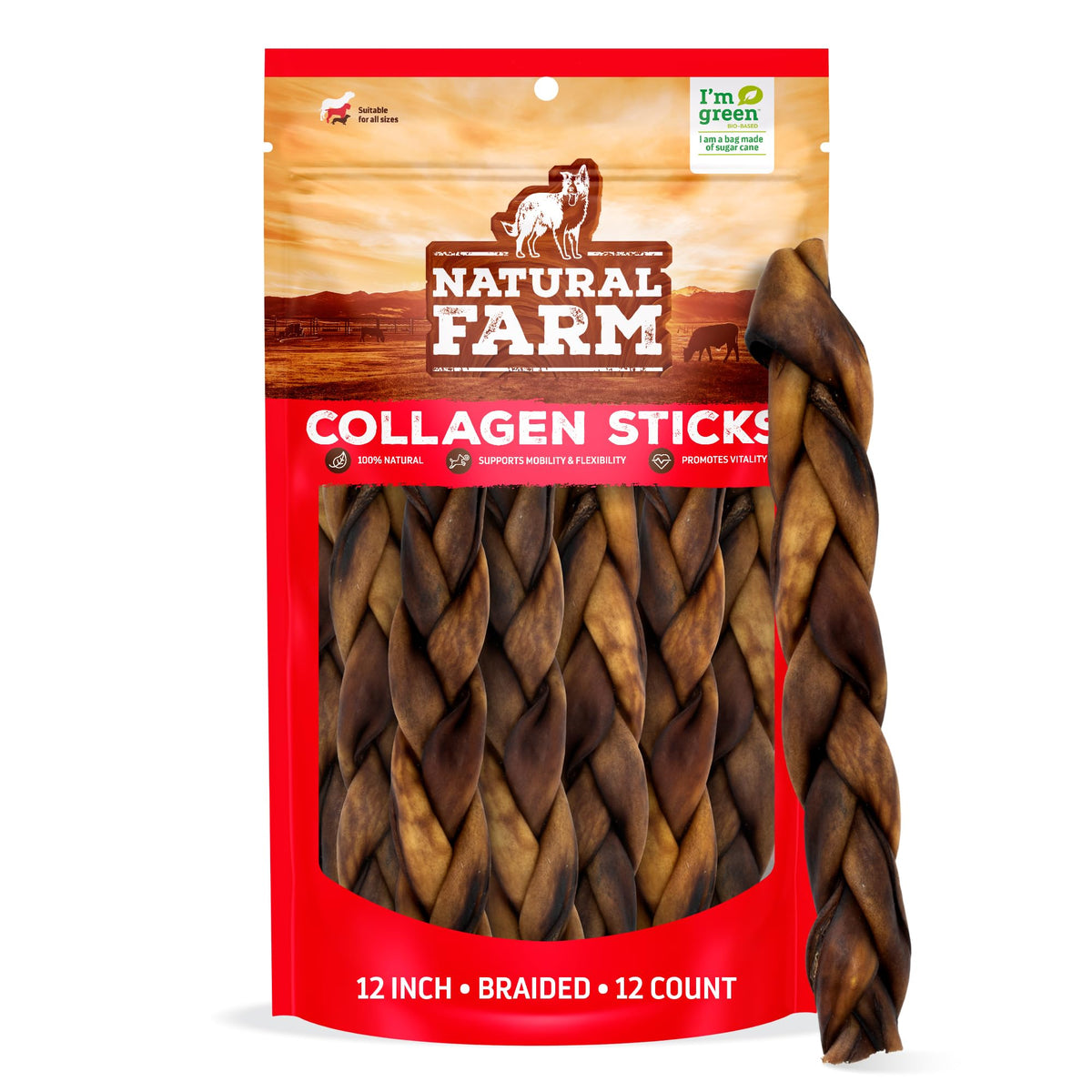 Natural Farm braided collagen sticks packaging—odor-free dog chews for all sizes