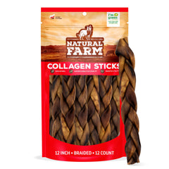 Natural Farm braided collagen sticks packaging—odor-free dog chews for all sizes