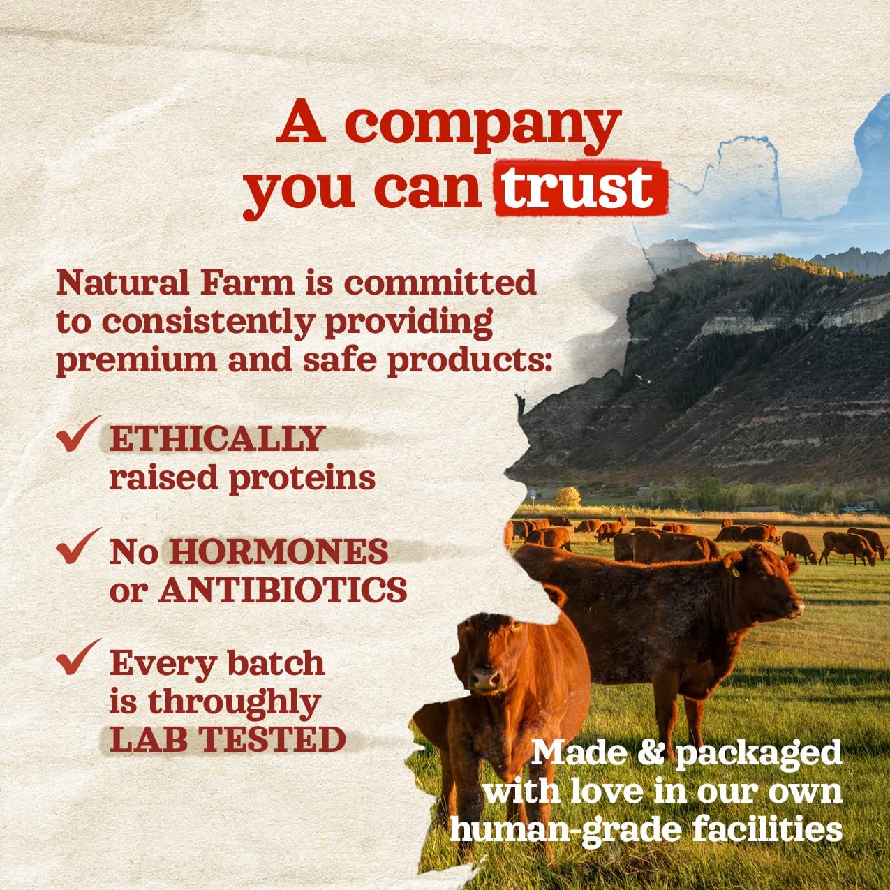 Natural Farm brand commitment image conveys trust and high-quality pet treats