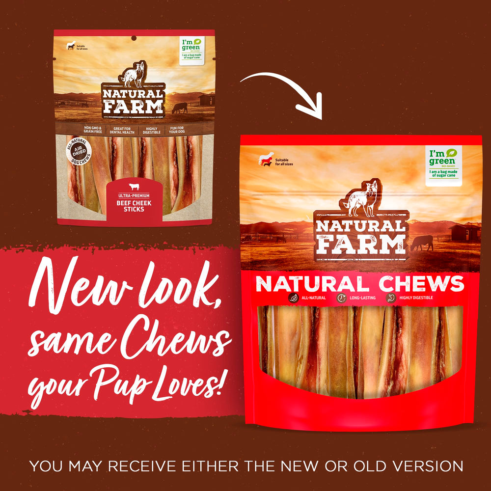 Natural Farm Bully Chips texture closeup highlights flattened beef chews with aroma
